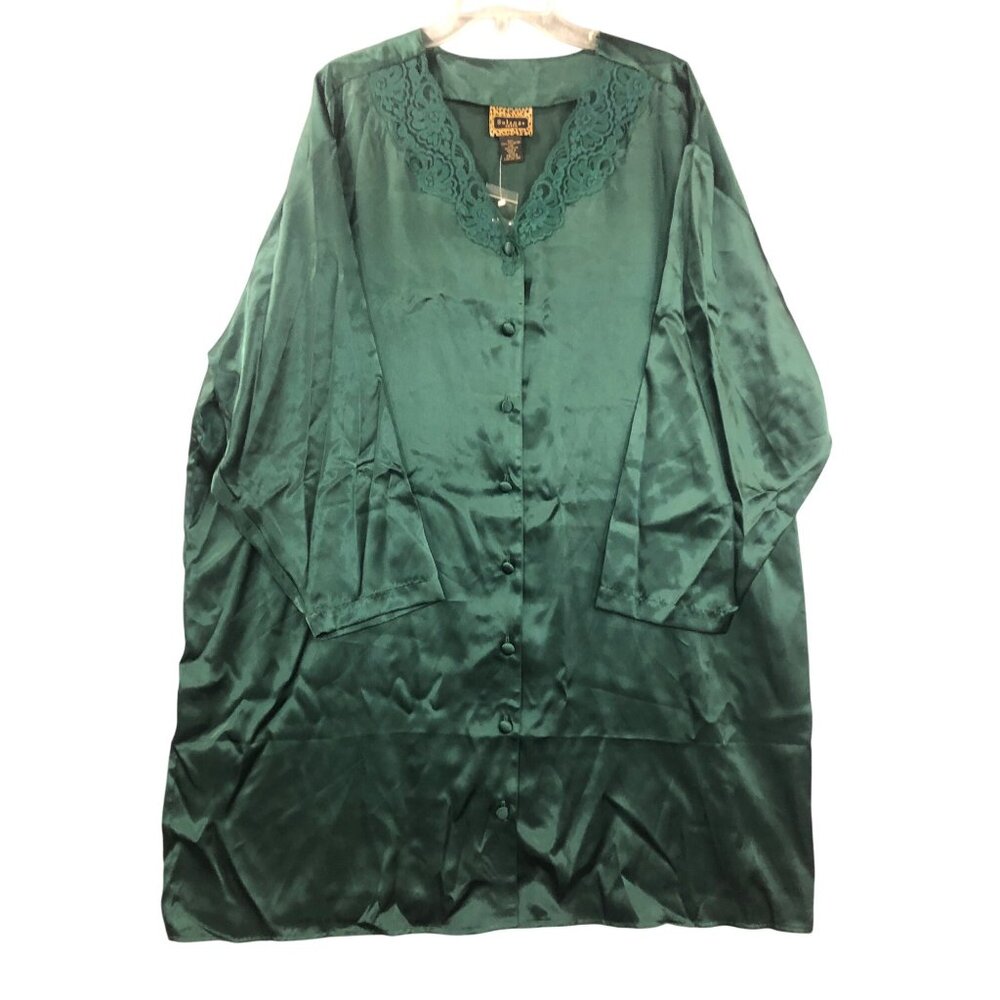 Solange Nightgown Womens Size 22/24 Satin Button-Down Dark Green Lace Trim Plus
